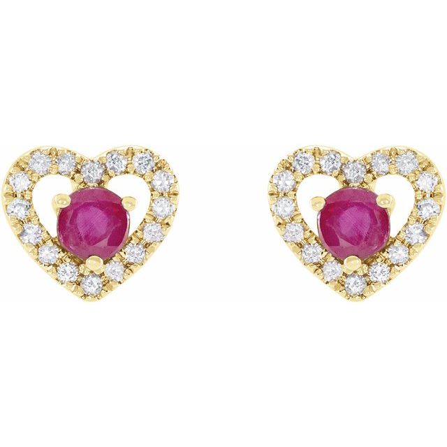 14K Yellow Gold Natural Ruby & 1/10 CTW Natural Diamond Heart Earrings