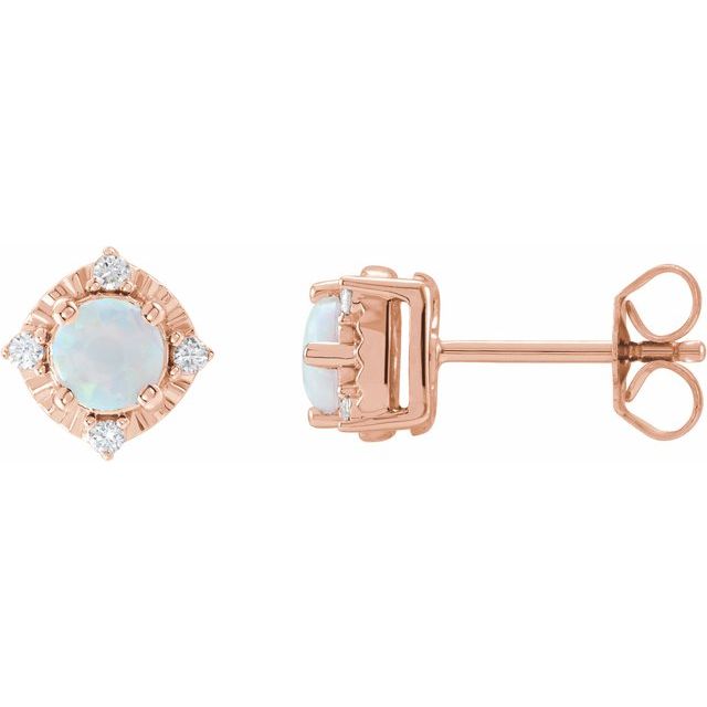 14K Rose Gold Lab-Grown White Gold Opal & .08 CTW Natural Diamond Halo-Style Earrings