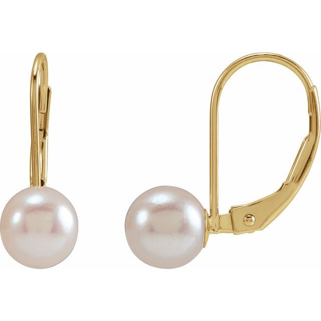 14K Yellow Gold 6 mm Round Akoya Cultured Pearl Lever Back Earrings