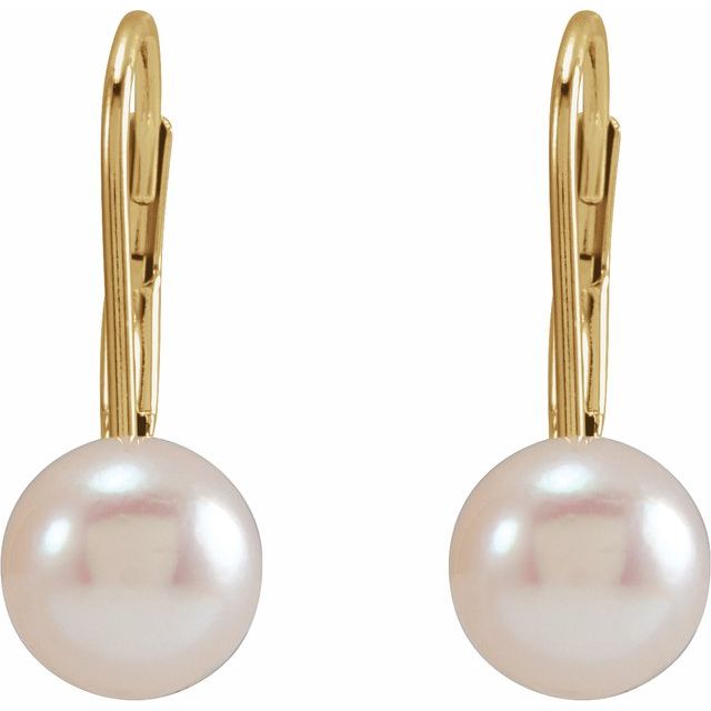 14K Yellow Gold 6 mm Round Akoya Cultured Pearl Lever Back Earrings