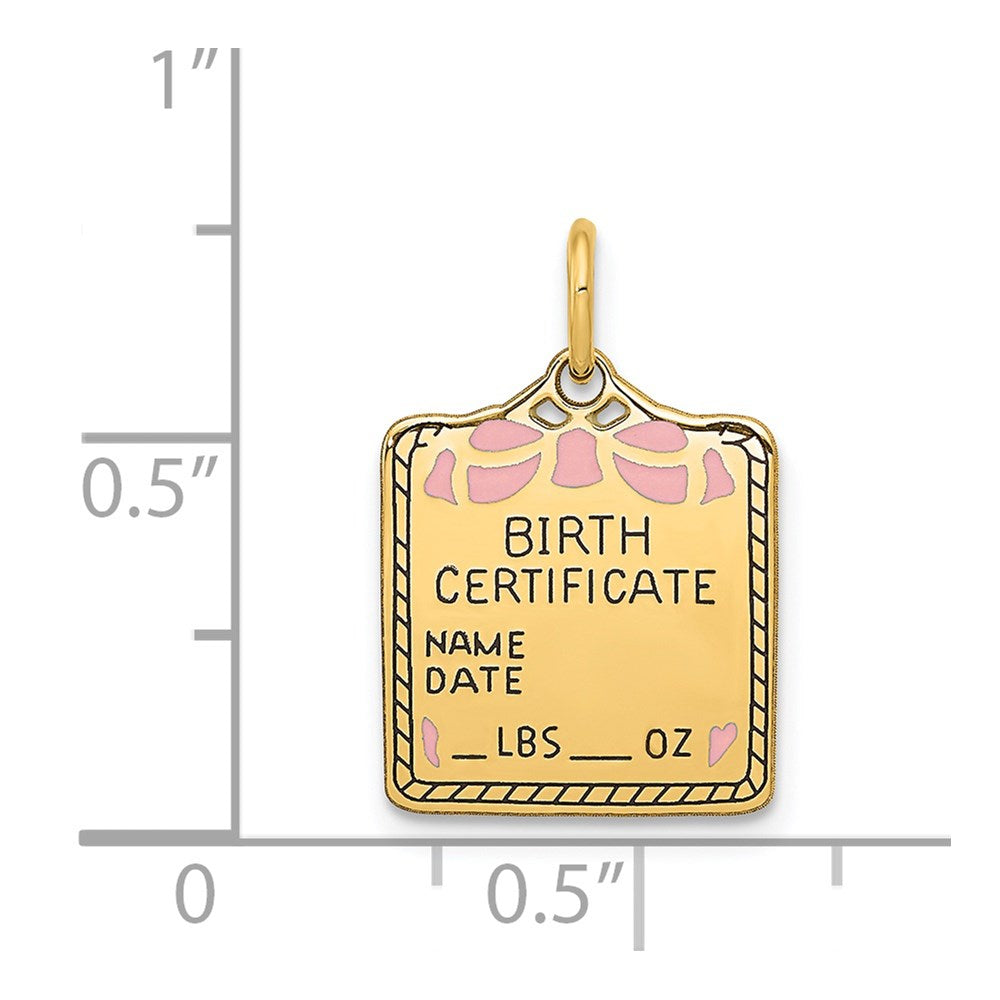 14k Enameled Pink Engravable Birth Certificate Charm