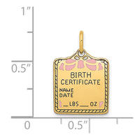 14k Enameled Pink Engravable Birth Certificate Charm