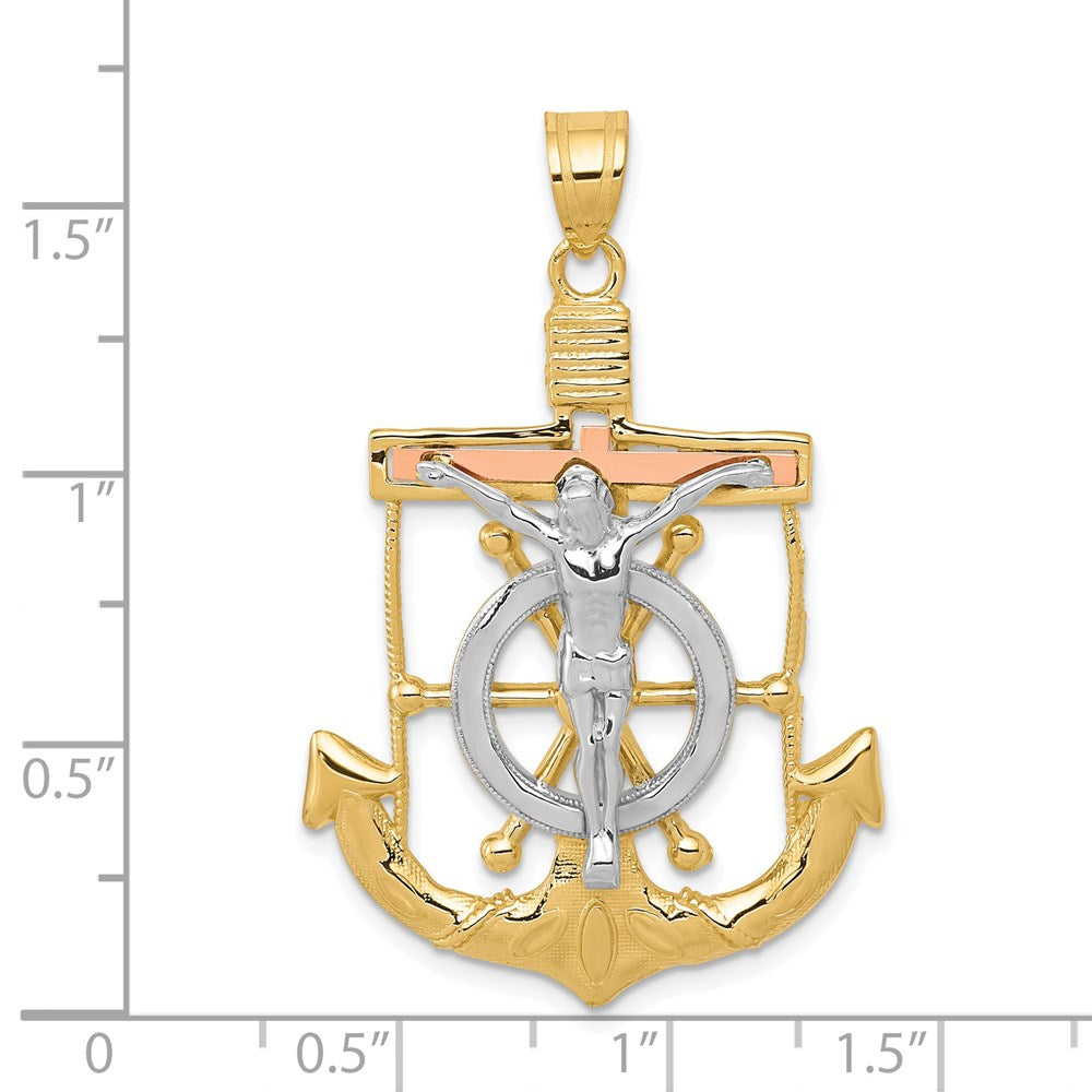 14k Tri-color Diamond-cut w/Textured Mariner's Cross Pendant