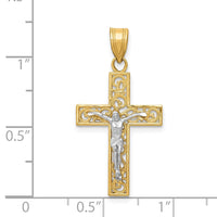 14K Two-Tone D/C Small Block Filigree Crucifix Pendant