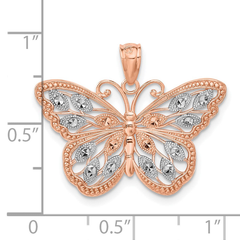 14k Rose Gold w/Rhodium Diamond-cut Butterfly Pendant