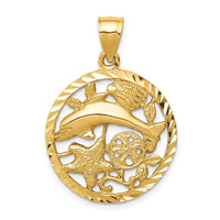 14K Diamond-cut Dolphin and Shells Circle Pendant 1