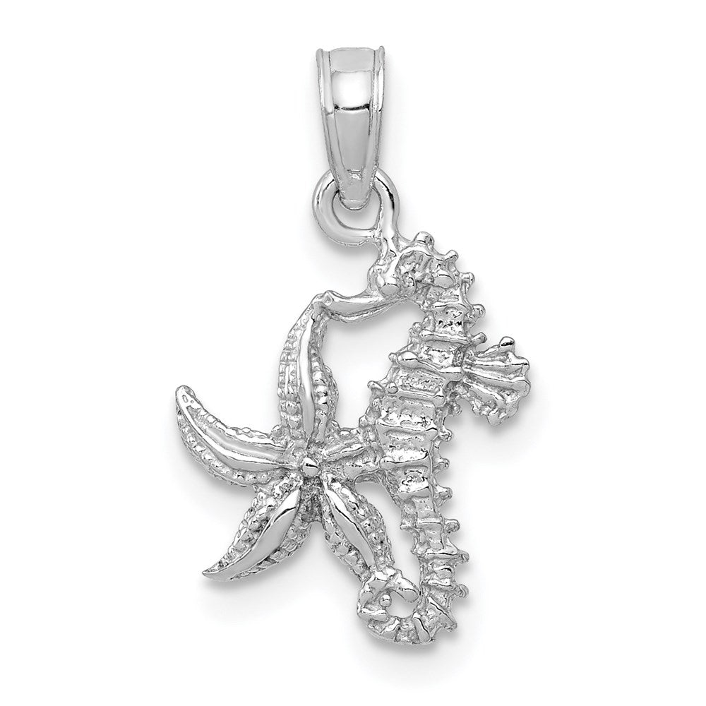 14K White Gold Solid Seahorse and Starfish Pendant 1