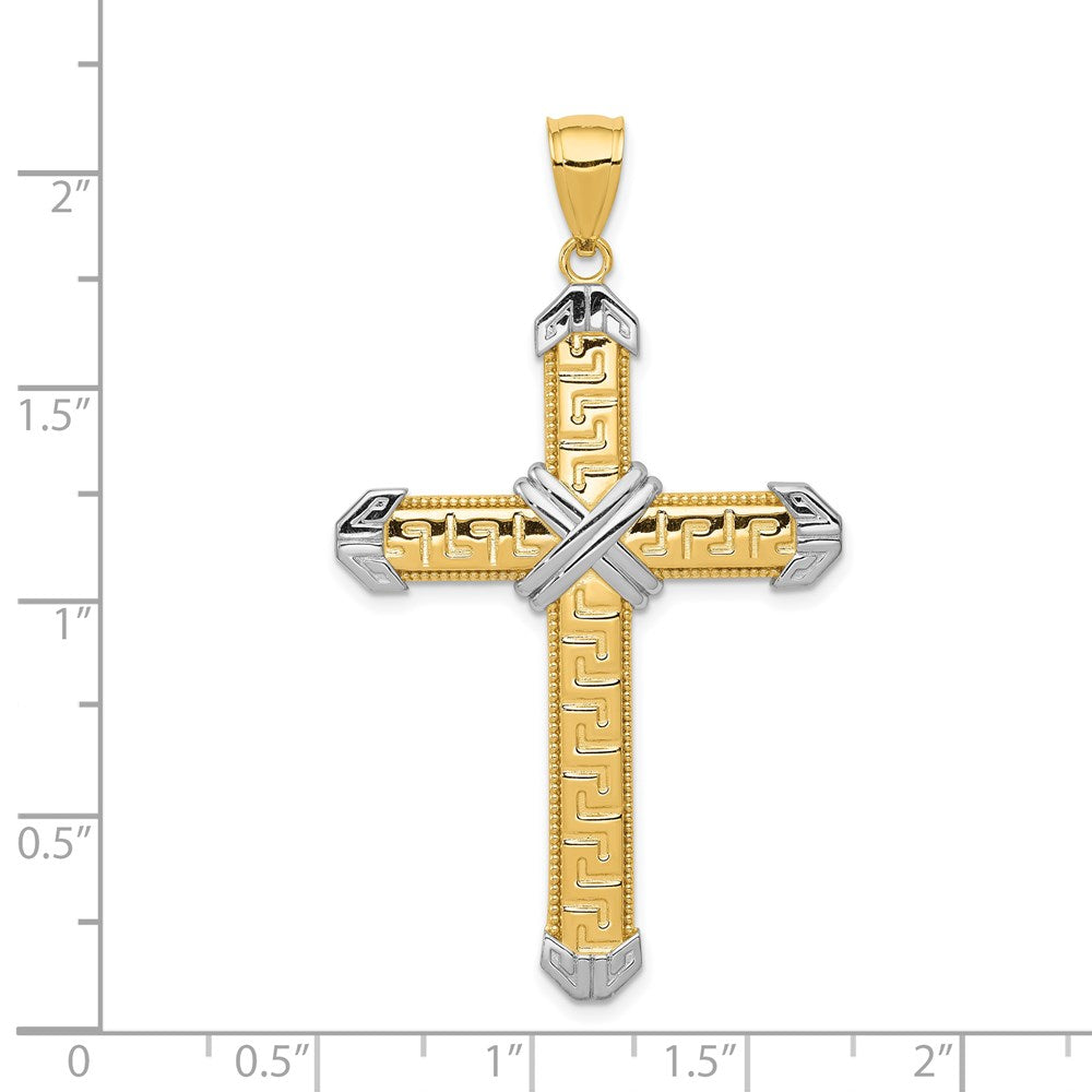 14K And Rhodium Greek Key Cross Pendant