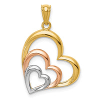 14K Two-tone and White Rhodium Polished 3 Hearts Pendant