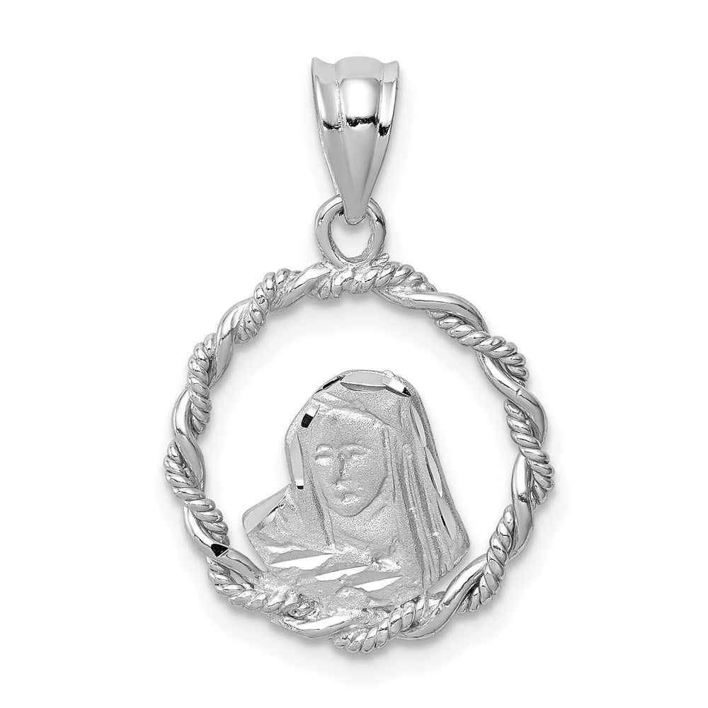 14K White Brushed & Polished Diamond-cut Virgin Mary Pendant