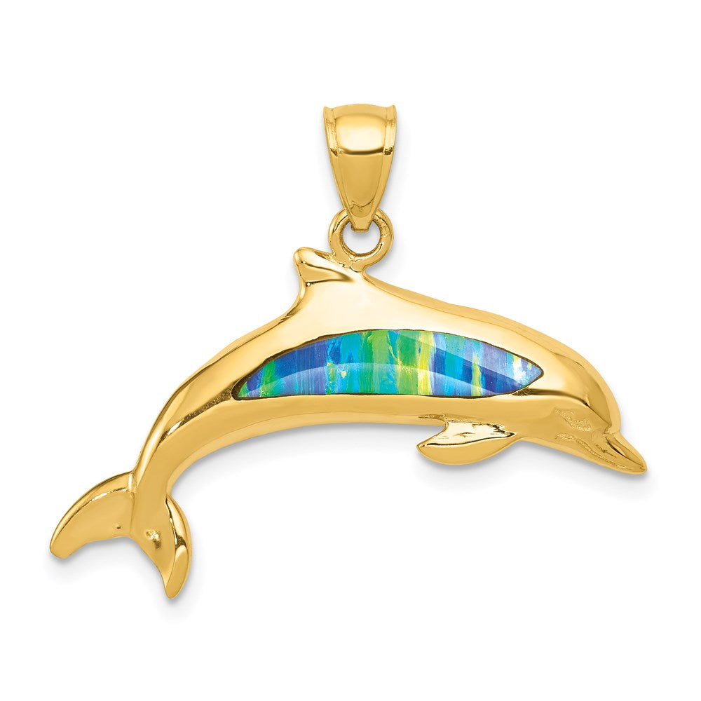 14K Lab Created Opal Dolphin Pendant 1