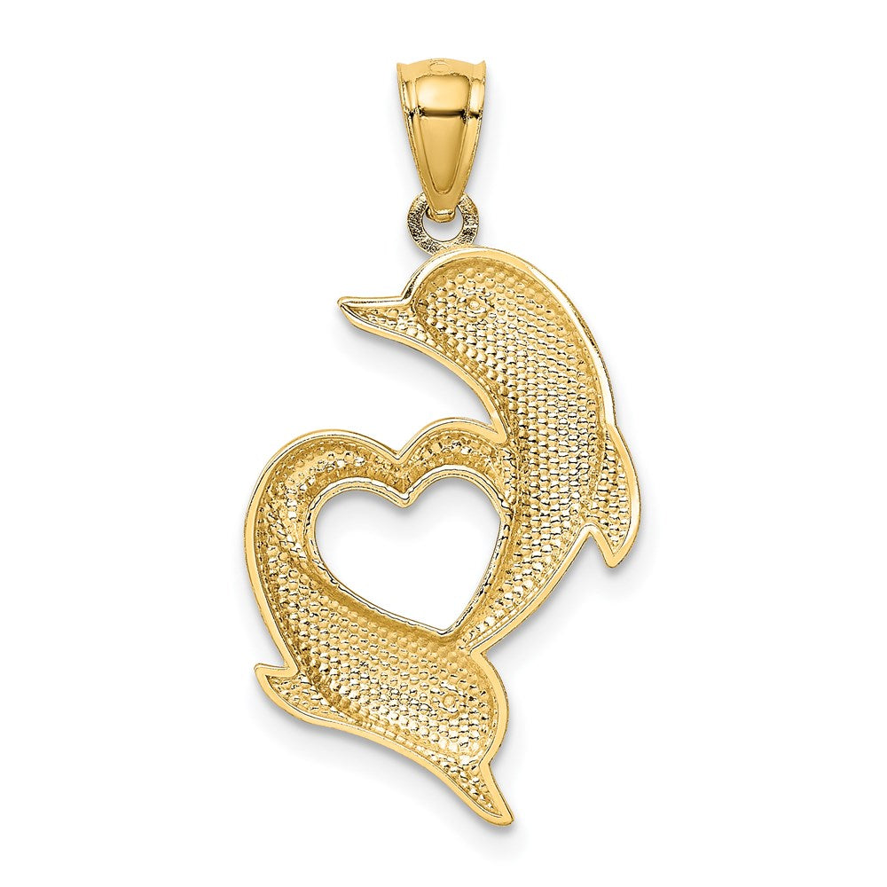14K Gold Polished and Textured Dolphins W/Heart Pendant 3