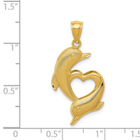 14K Gold Polished and Textured Dolphins W/Heart Pendant 4