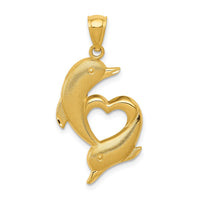 14K Gold Polished and Textured Dolphins W/Heart Pendant 1