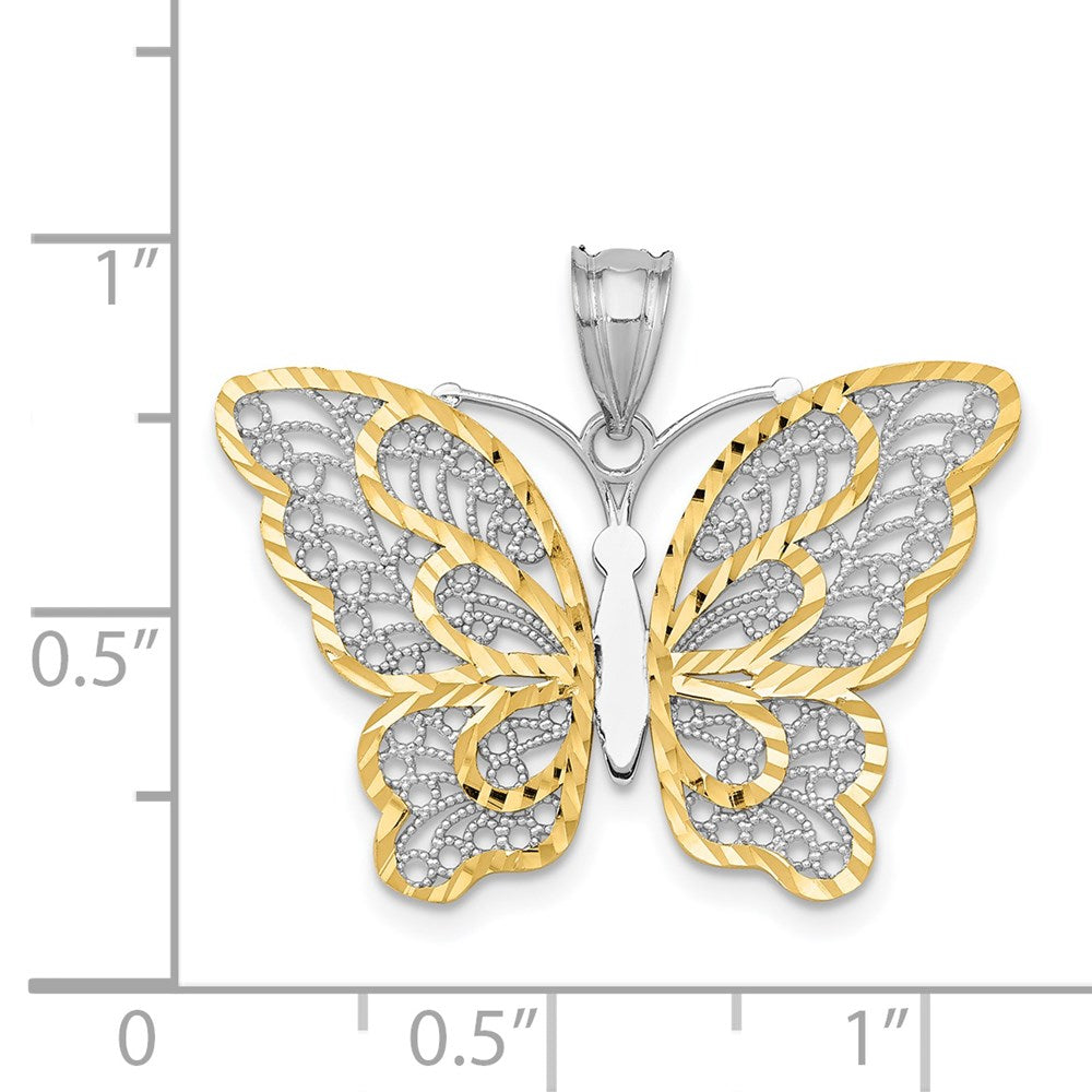 14k White Gold W/Yellow Rhodium Polished Filigree Butterfly Pendant