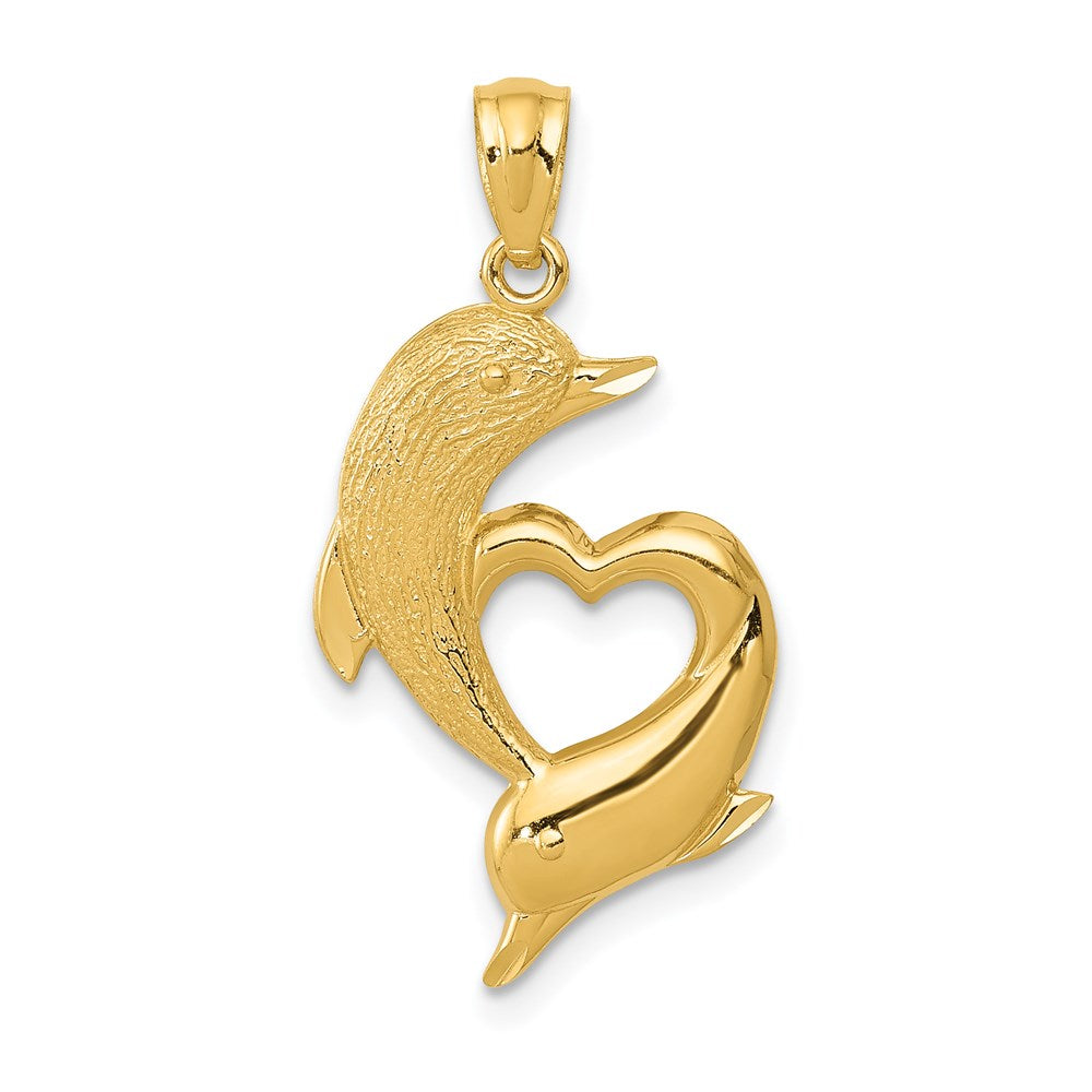 14K D/C Satin and Polished Dolphins Heart Pendant 1