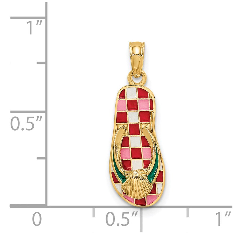 14K 3D Enamel Shell On Red Checkered Flip-Flop Charm