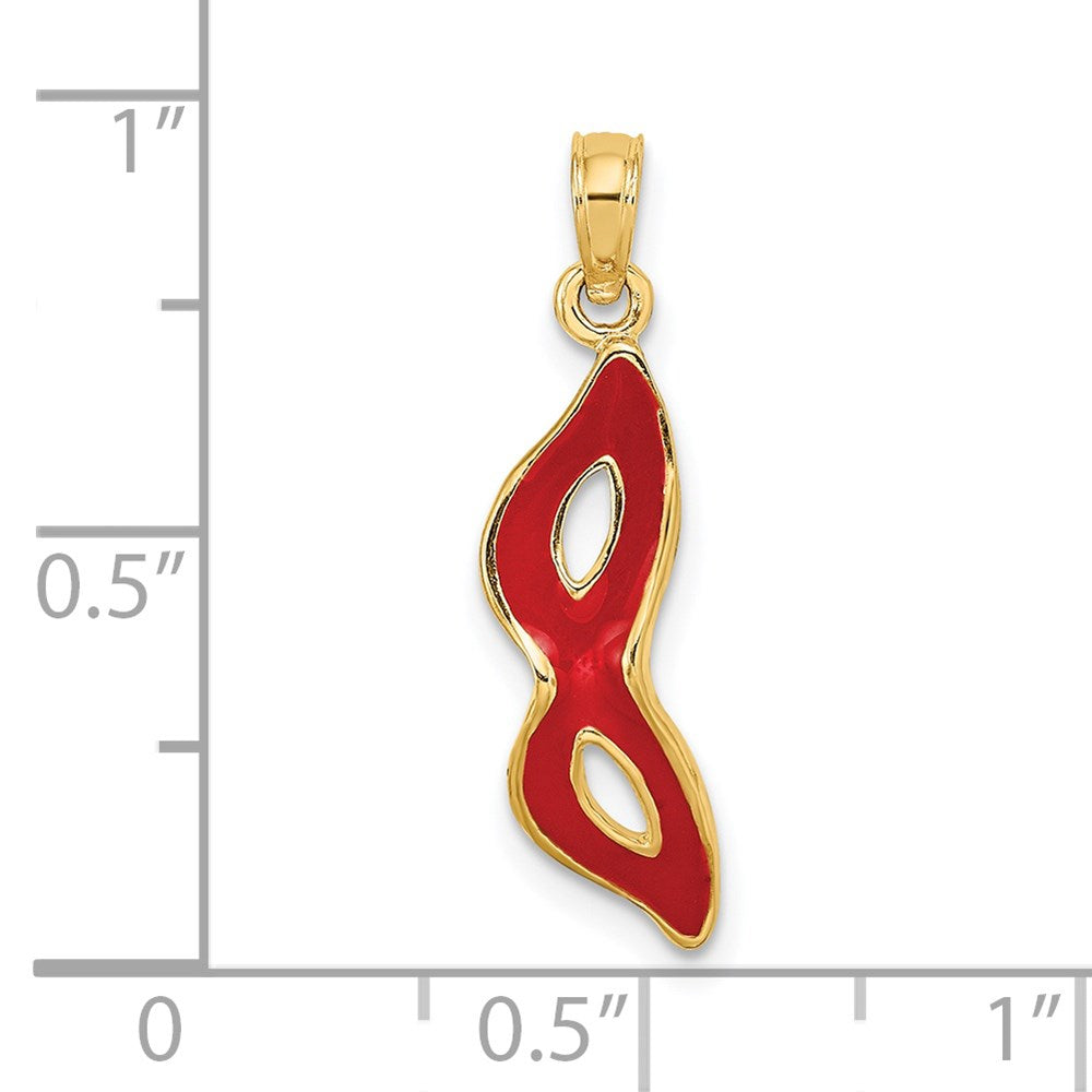 14K 3-D and Beveled W/Red Enamel Masquerade Mask Pendant