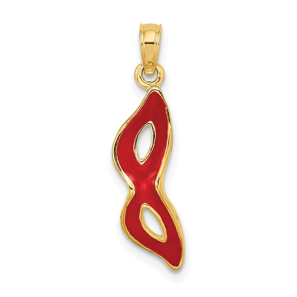 14K 3-D and Beveled W/Red Enamel Masquerade Mask Pendant