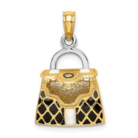 14K & Rhodium 3-D w/Black and White Enamel Opens Handbag Charm
