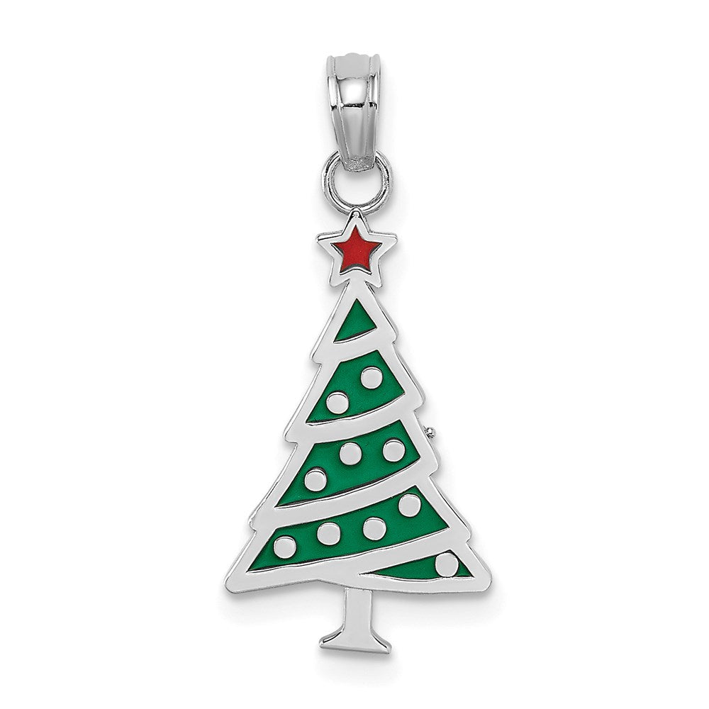 14K White Gold Enamel Green Christmas Tree w/ Red Star Charm