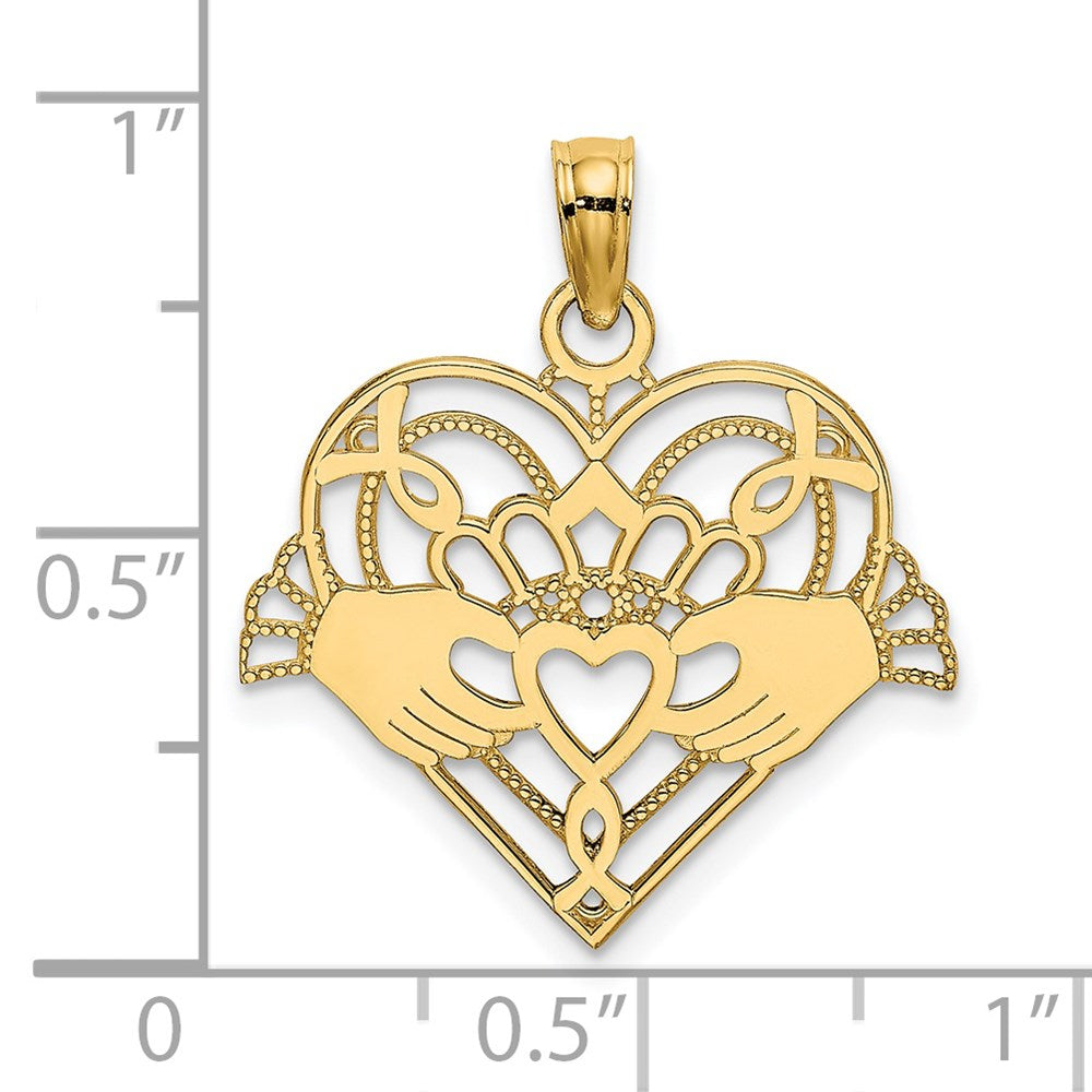 14K Polished and Beaded Claddagh In Heart Charm