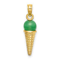 14K Satin Polished 3D  Green Bead Ice Cream Cone Pendant