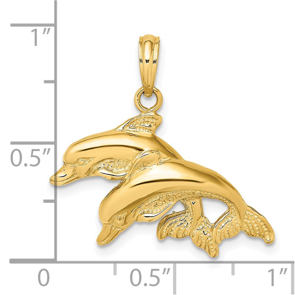 14K 2-D Polished /Engraved Double Dolphins Charm 3