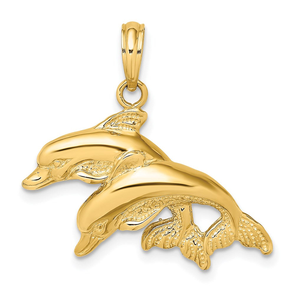 14K 2-D Polished /Engraved Double Dolphins Charm 1
