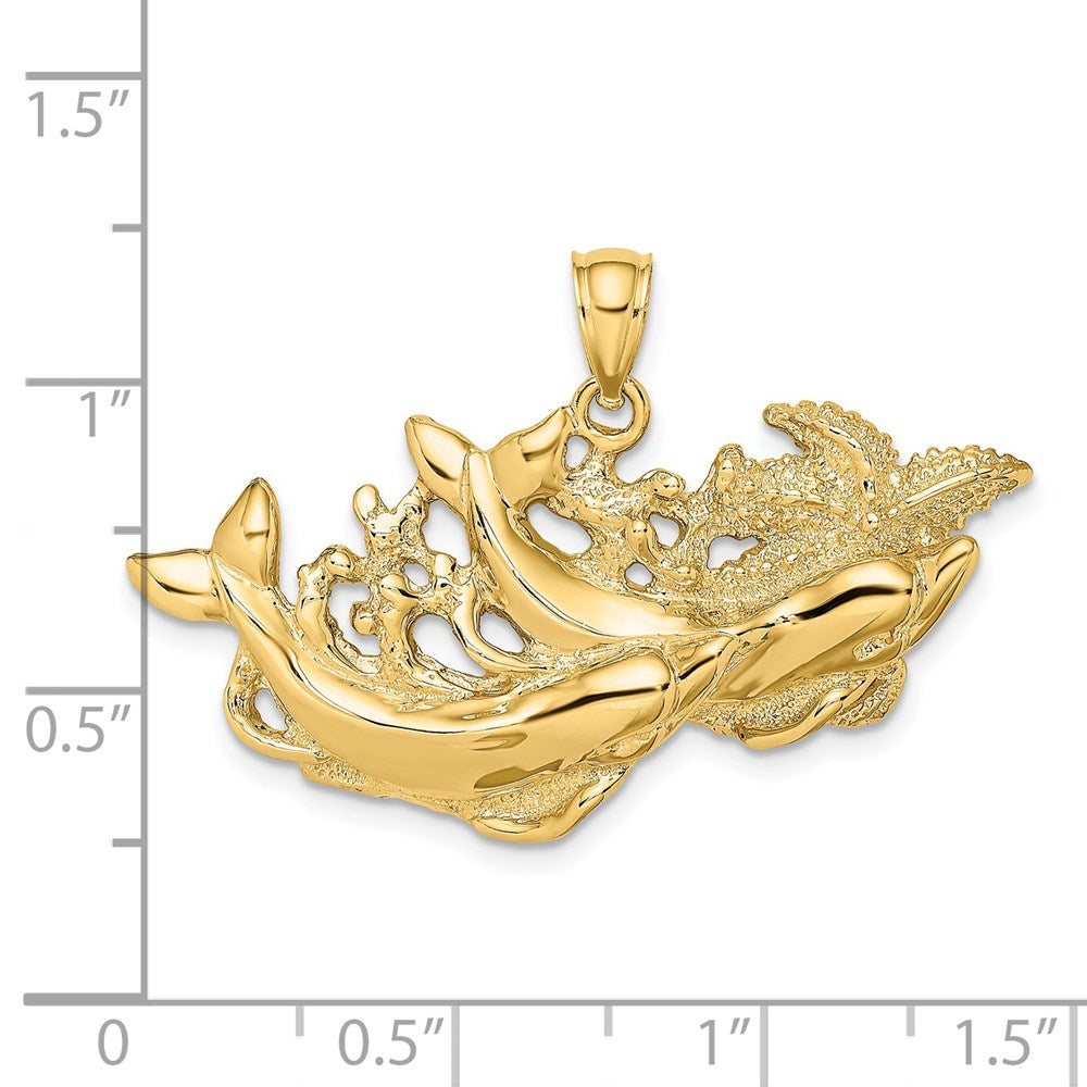 14K Polished and Textured Dolphins Swimming w/Starfish Pendant 3
