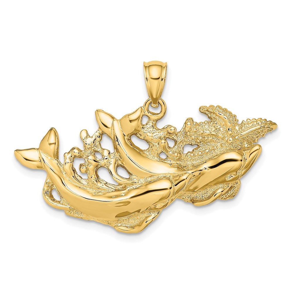 14K Polished and Textured Dolphins Swimming w/Starfish Pendant 1