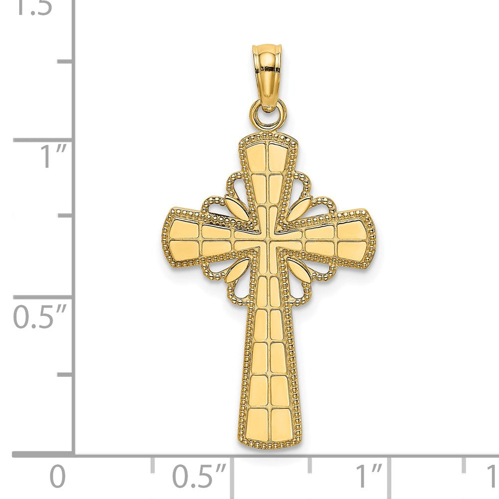 14K Polished W/ Beaded Edge Grid Accent Cross Charm
