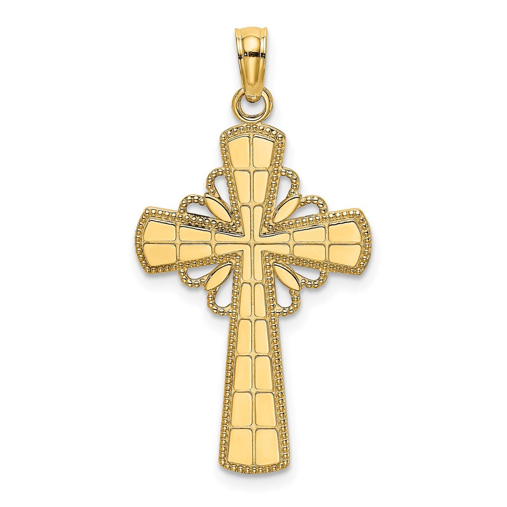 14K Polished W/ Beaded Edge Grid Accent Cross Charm