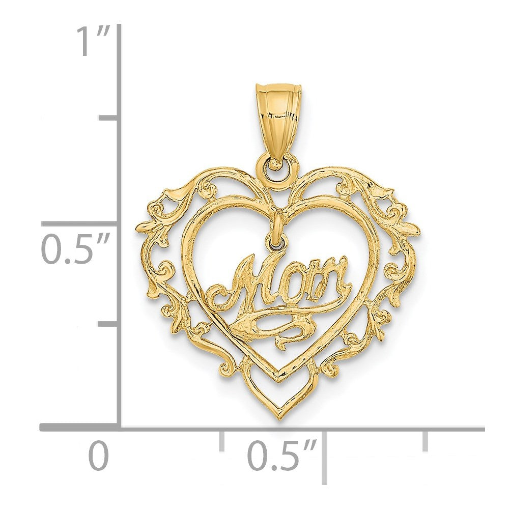 14K Polished MOM Dangle in Fancy Heart Pendant
