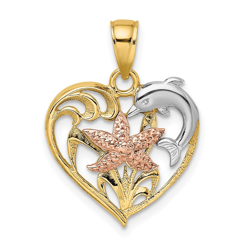14K Two-tone w/White Rhodium Dolphin and Starfish In Heart Charm 1