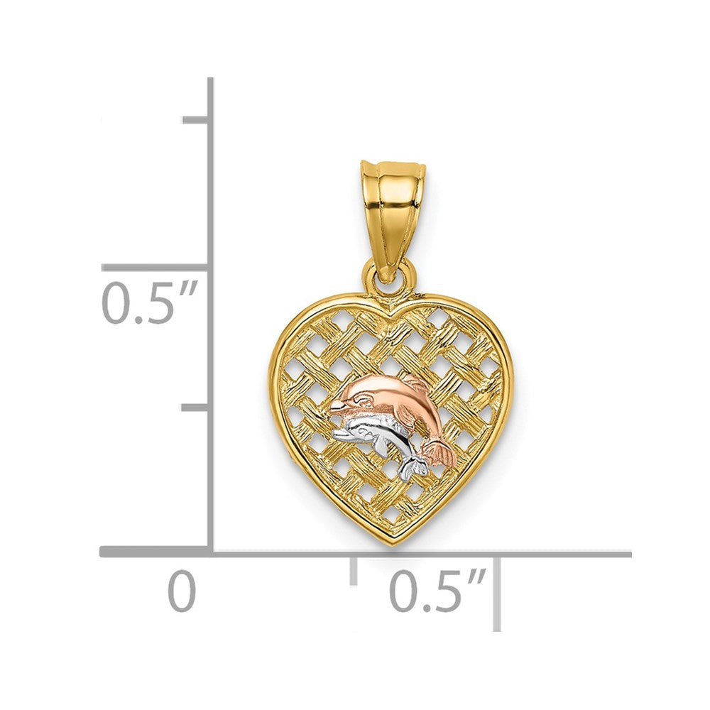 14k Two-tone w/White Rhodium Double Dolphins On Woven Heart Charm 3