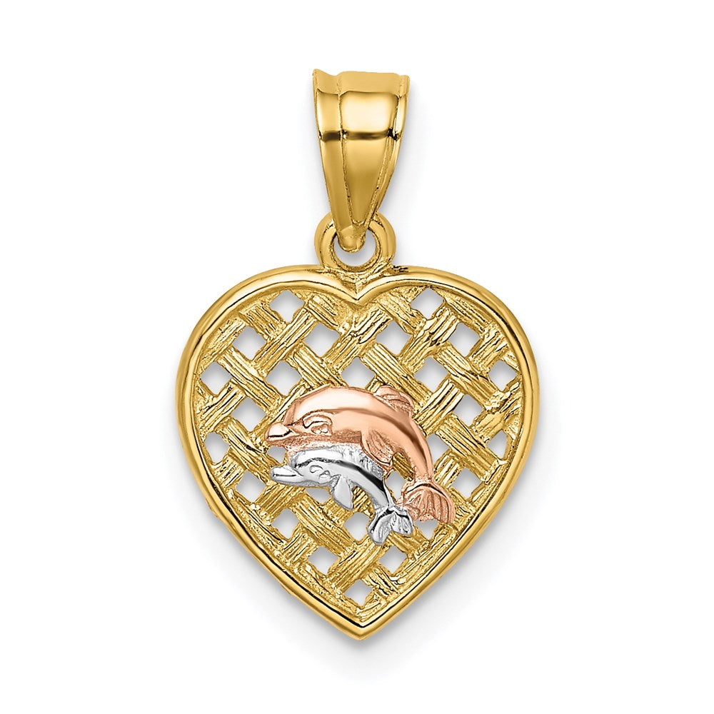 14k Two-tone w/White Rhodium Double Dolphins On Woven Heart Charm 1