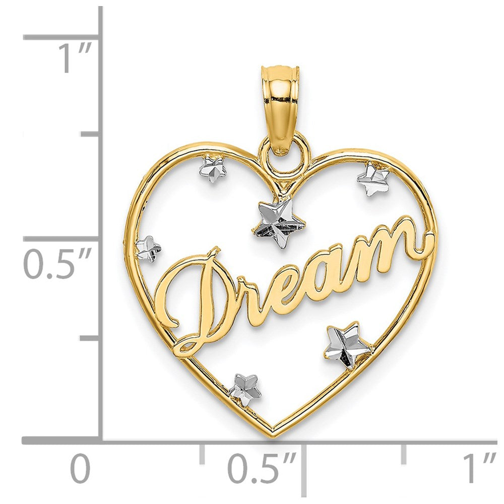 14k w/Rhodium Diamond-cut DREAM  Heart with Stars Charm