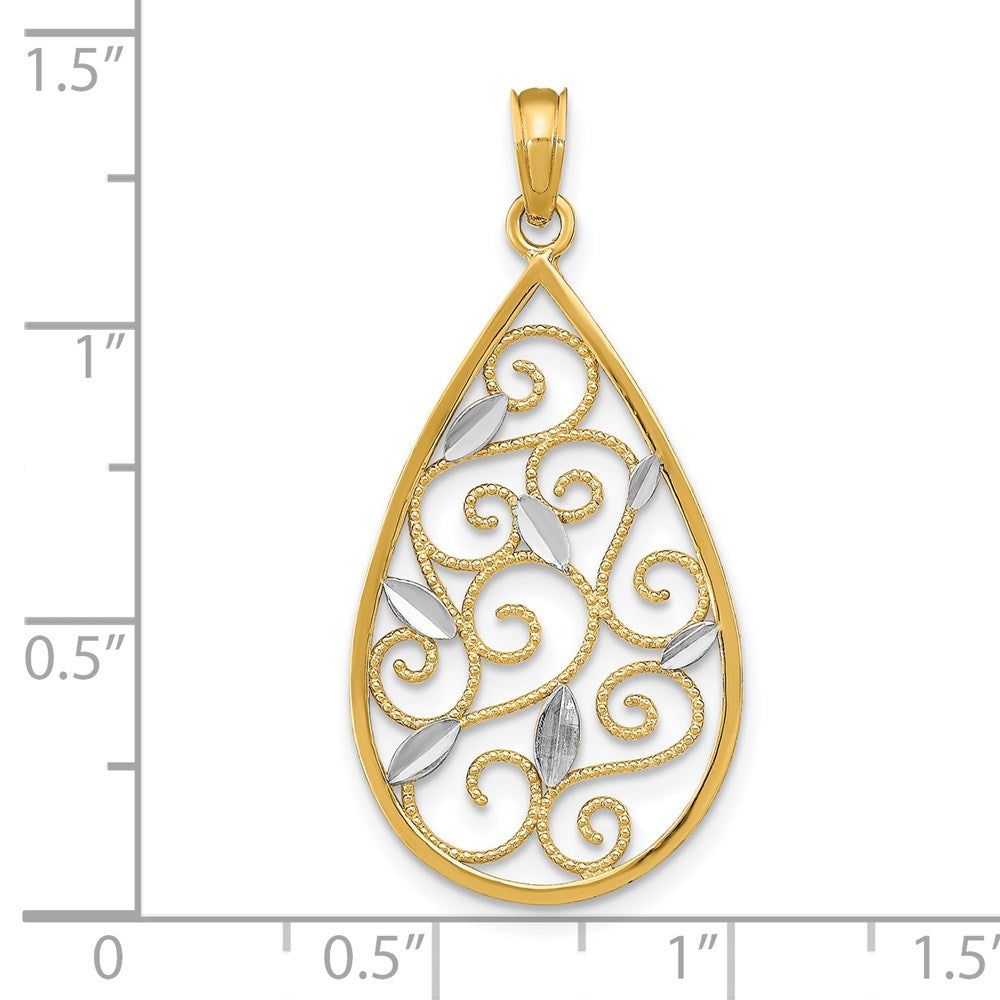 14K w/Rhodium Beaded Filigree D/C Teardrop Charm