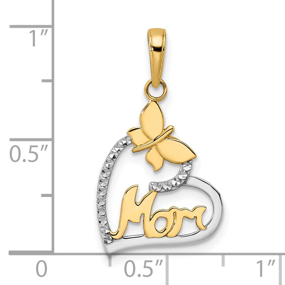 14K w/White Rhodium Diamond-cut Butterfly Mom in Heart Pendant