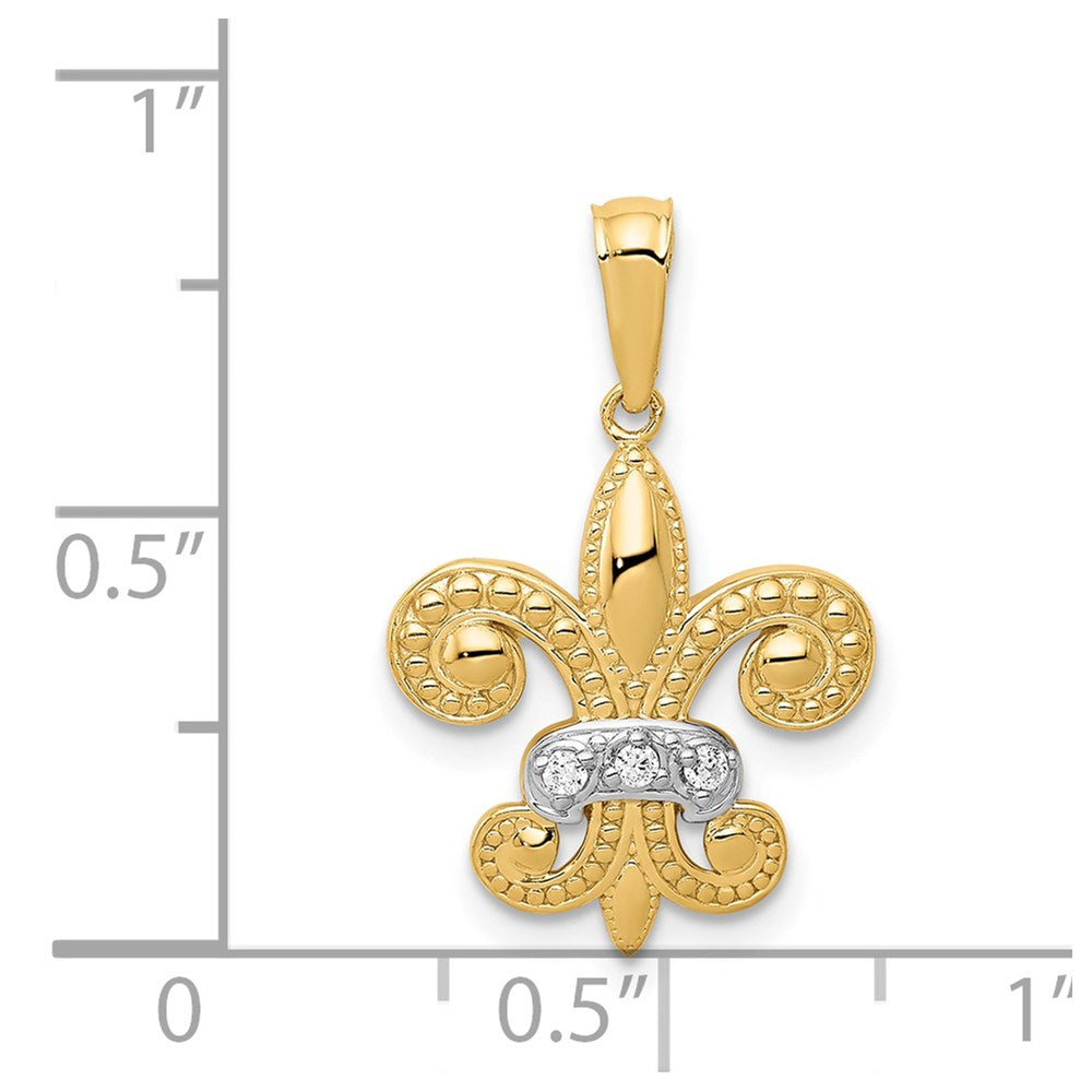 14k w/Rhodium Polished Diamond Fleur de Lis Pendant