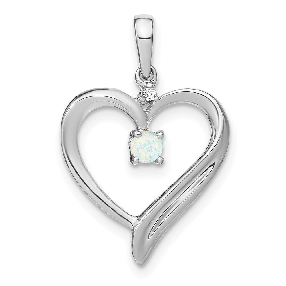 14k White Gold Created Opal and Diamond Heart Pendant