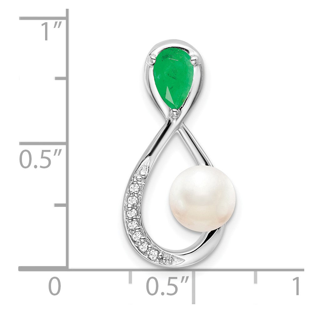 14k White Gold Emerald/FWC Pearl/Diamond Infinity Chain Slide
