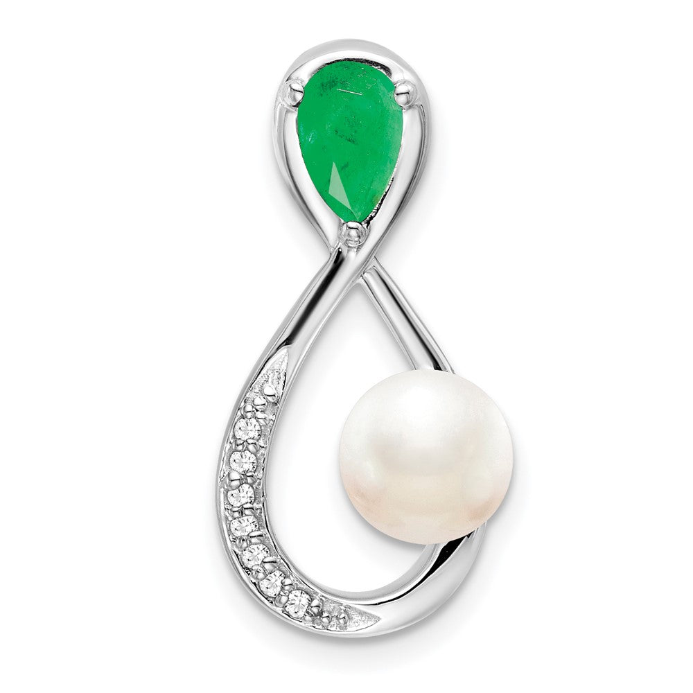 14k White Gold Emerald/FWC Pearl/Diamond Infinity Chain Slide