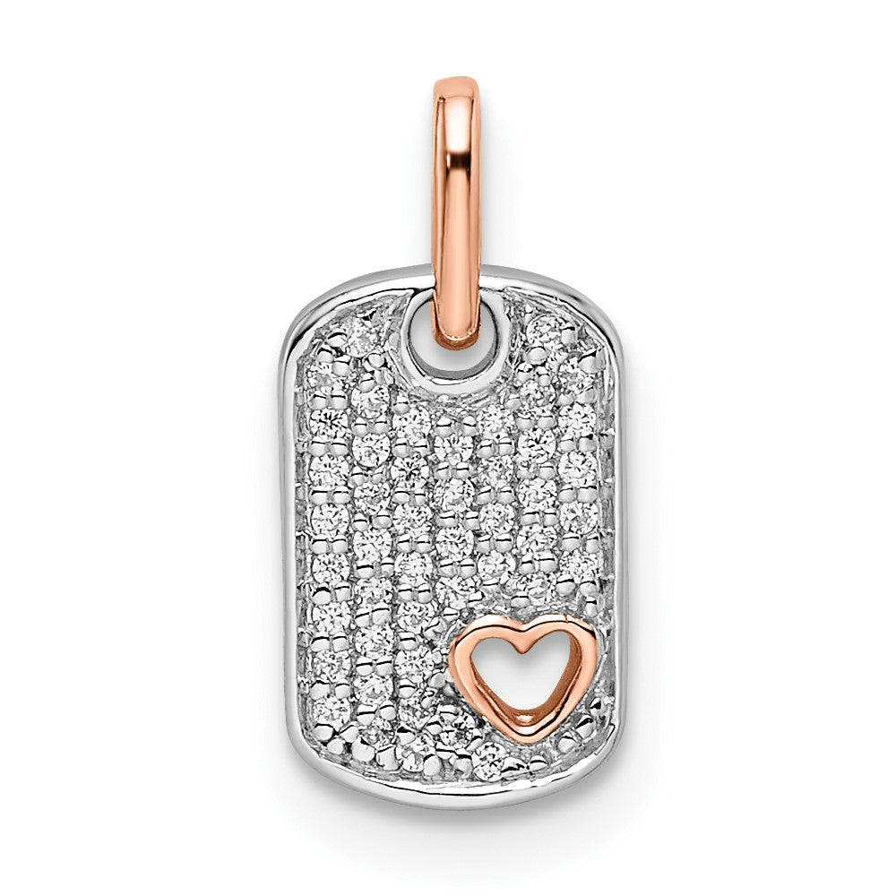 14k Two-tone White and Rose Small Dog Tag w/Heart Diamond Pendant