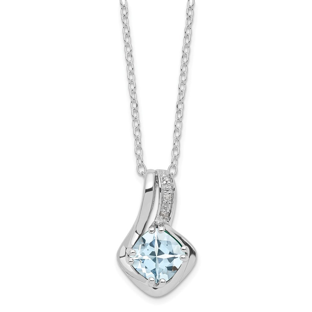 Sterling Silver Cushion Checkerboard Aquamarine & Diamond Necklace