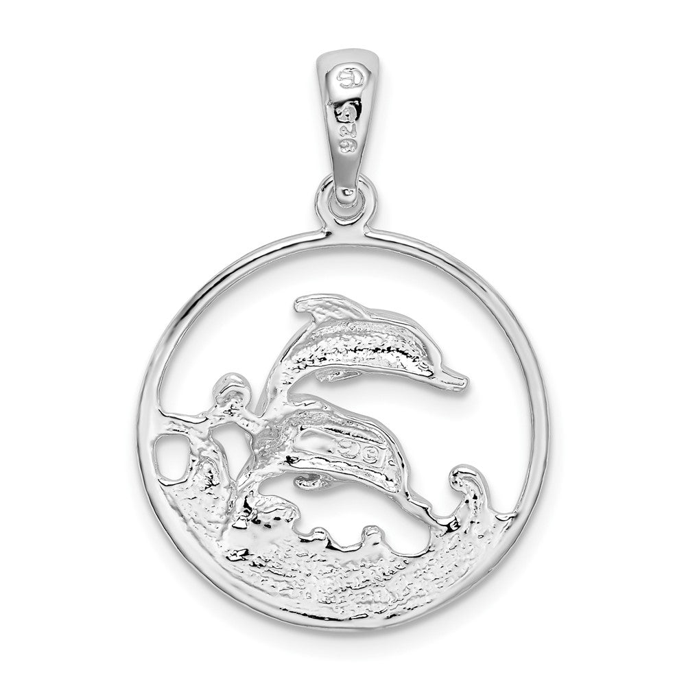 Sterling Silver Polished Dolphins Swimming Oval Pendant