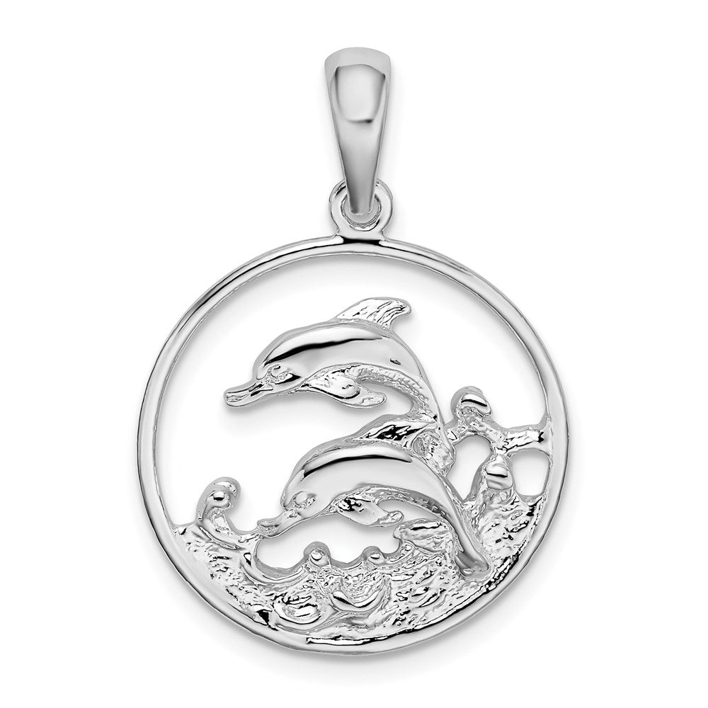 Sterling Silver Polished Dolphins Swimming Oval Pendant
