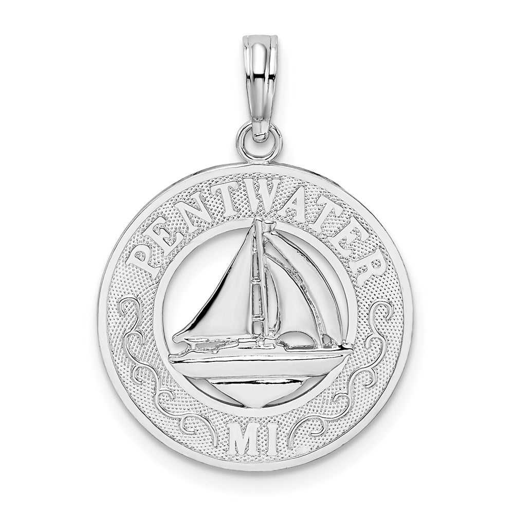 Sterling Silver Polished Pentwater, MI Circle w/Sailboat Pendant