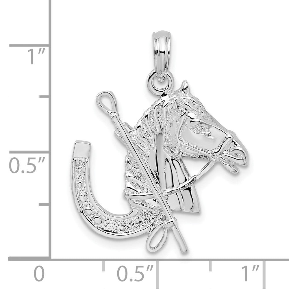 Sterling Silver Polished Horse Head w/Crop and Horseshoe Pendant